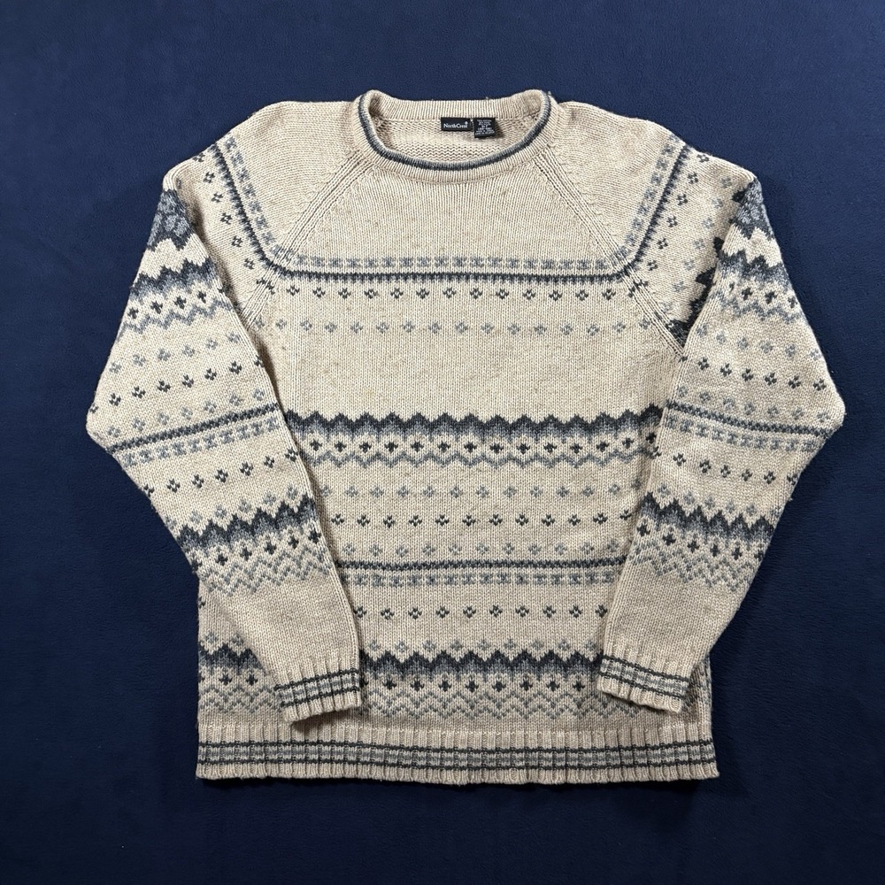 Vtg 90s North Crest Fair Isle Knit Sweater Mens XLT Made in Japan Wool Blend Tan